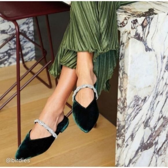 Birdies The Swan Velvet Gem Bracelet Flats Shoes​ Mules Slides 6 Emerald Green - Picture 1 of 8